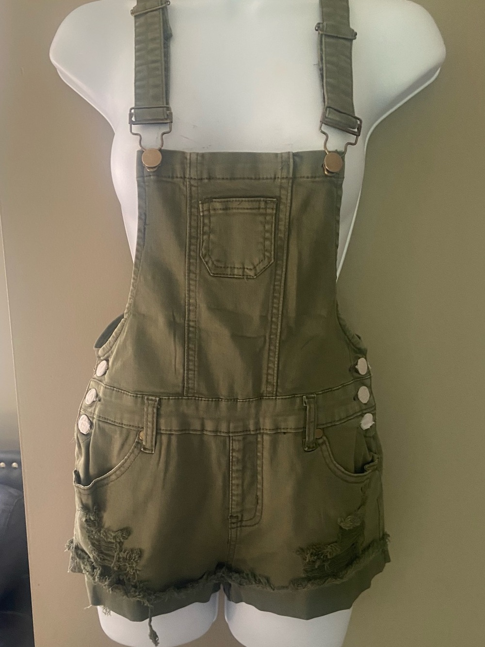 Women's Olive Green Denim Short high waisted Overalls w/ distressed accents NWT